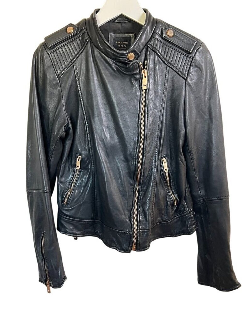 Zara Black Lamb Leather Moto Jacket Gold Hardware Quilted Biker Womens Sz Large - Picture 2 of 16